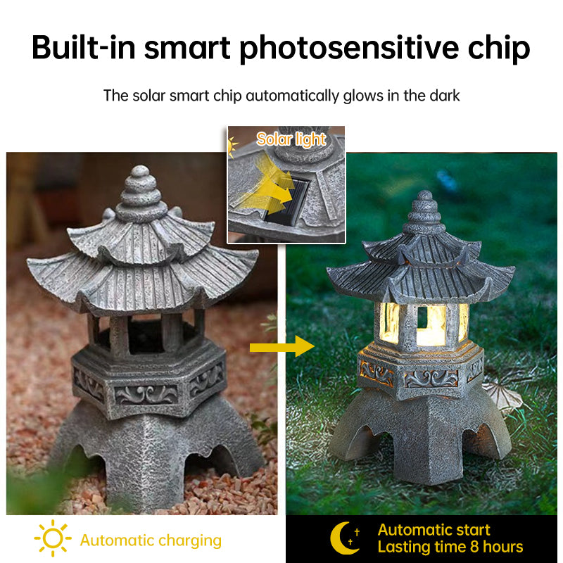 Solar-Powered Pagoda Lantern – Zen Garden Resin Statue for Outdoor Decor