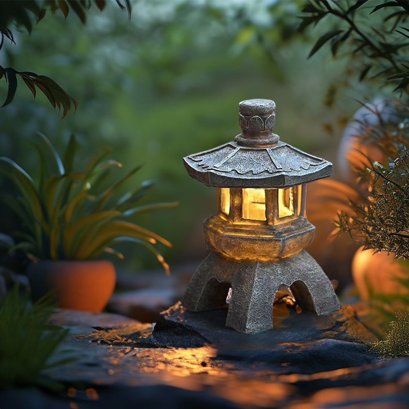 Solar-Powered Pagoda Lantern – Zen Garden Resin Statue for Outdoor Decor