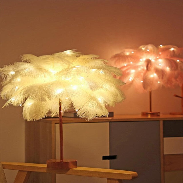 Nordic Feather Table Lamp – Soft Glow LED Night Light with Remote & Dual Power