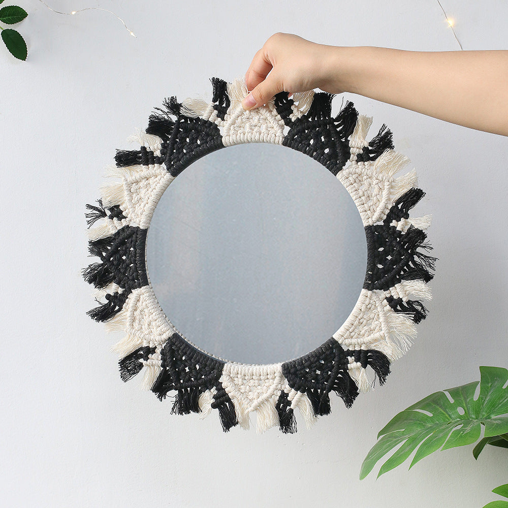 Handwoven Tapestry Wall Mirror – Rustic Boho Decor Accent