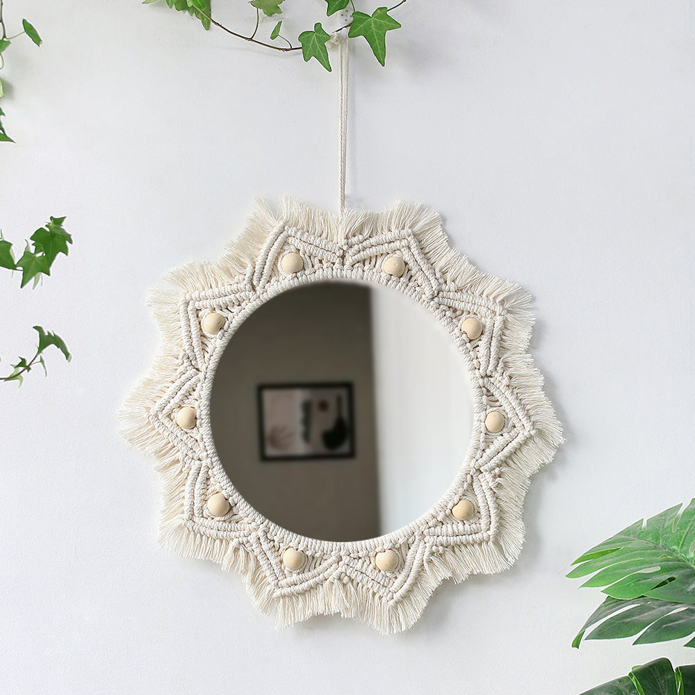 Handwoven Tapestry Wall Mirror – Rustic Boho Decor Accent
