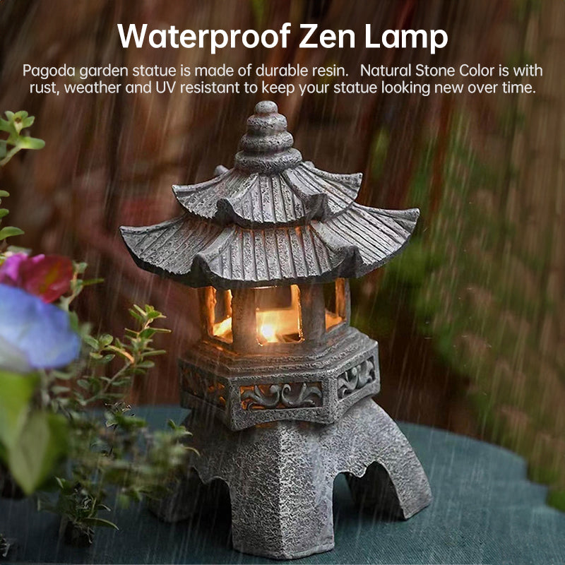 Solar-Powered Pagoda Lantern – Zen Garden Resin Statue for Outdoor Decor