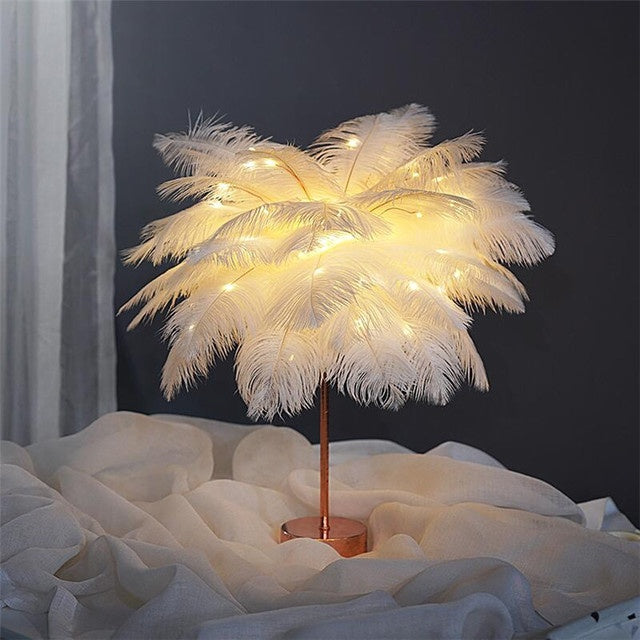 Nordic Feather Table Lamp – Soft Glow LED Night Light with Remote & Dual Power