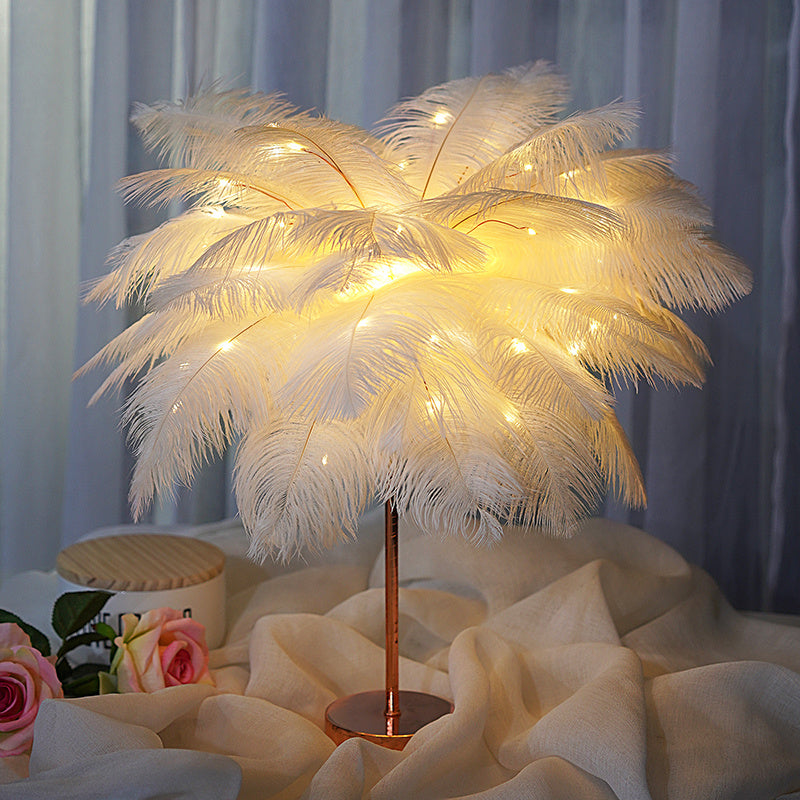 Nordic Feather Table Lamp – Soft Glow LED Night Light with Remote & Dual Power
