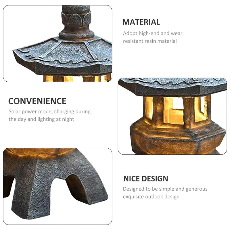 Solar-Powered Pagoda Lantern – Zen Garden Resin Statue for Outdoor Decor