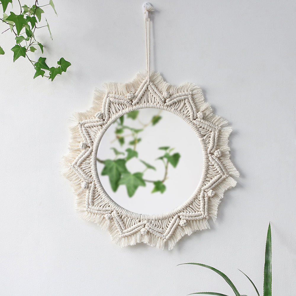 Handwoven Tapestry Wall Mirror – Rustic Boho Decor Accent