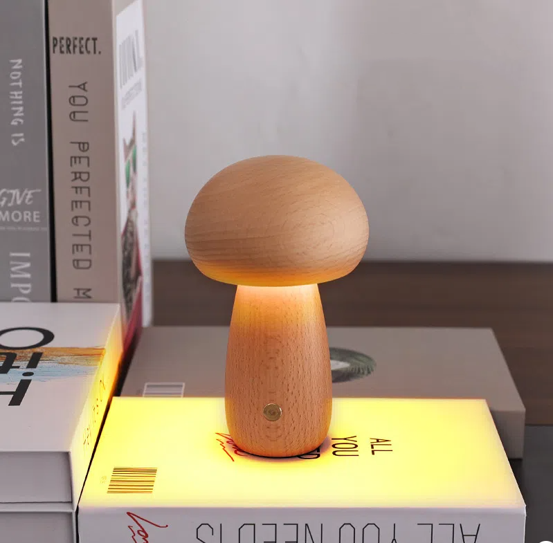 INS Wooden Mushroom LED Night Light – Touch Control Bedside Lamp for Kids & Home Decor