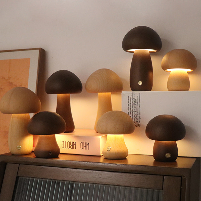 INS Wooden Mushroom LED Night Light – Touch Control Bedside Lamp for Kids & Home Decor