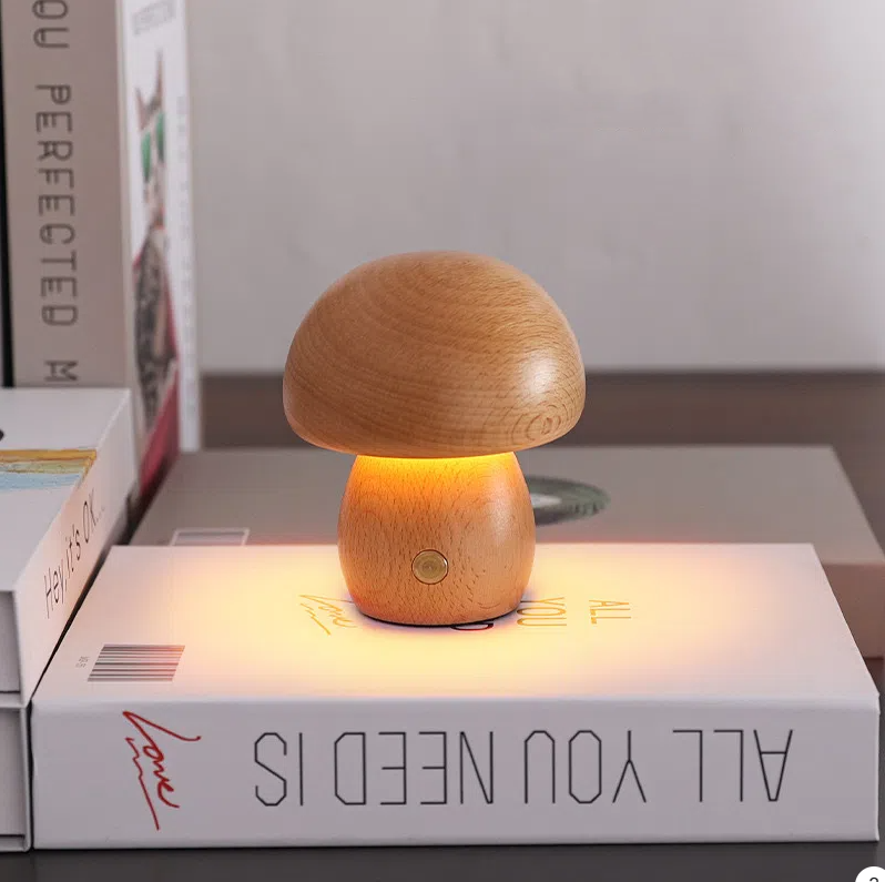 INS Wooden Mushroom LED Night Light – Touch Control Bedside Lamp for Kids & Home Decor