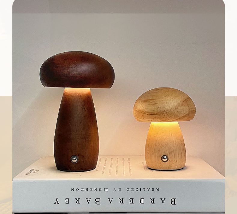 INS Wooden Mushroom LED Night Light – Touch Control Bedside Lamp for Kids & Home Decor