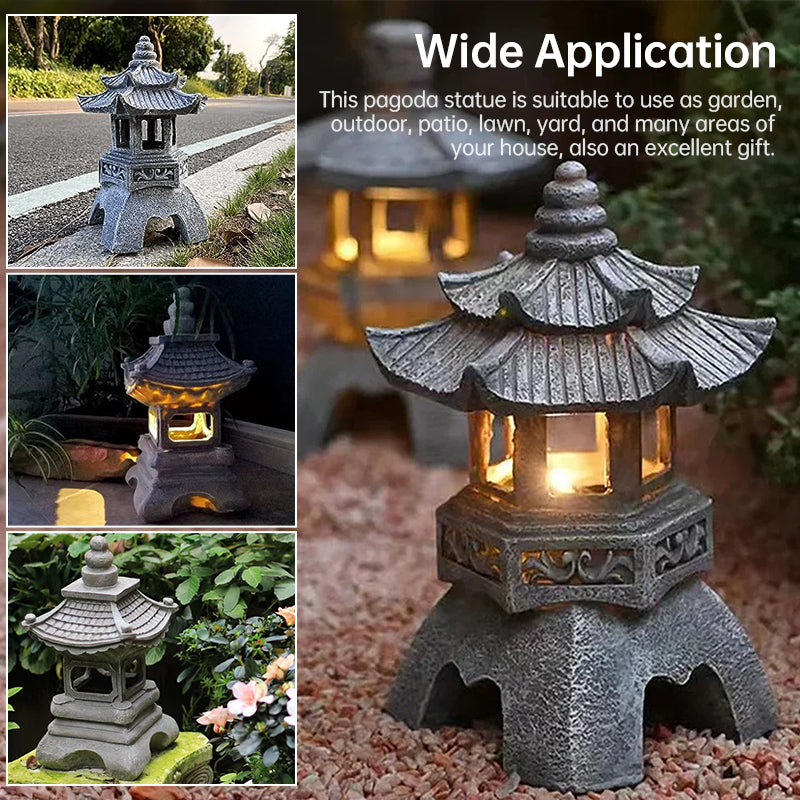 Solar-Powered Pagoda Lantern – Zen Garden Resin Statue for Outdoor Decor