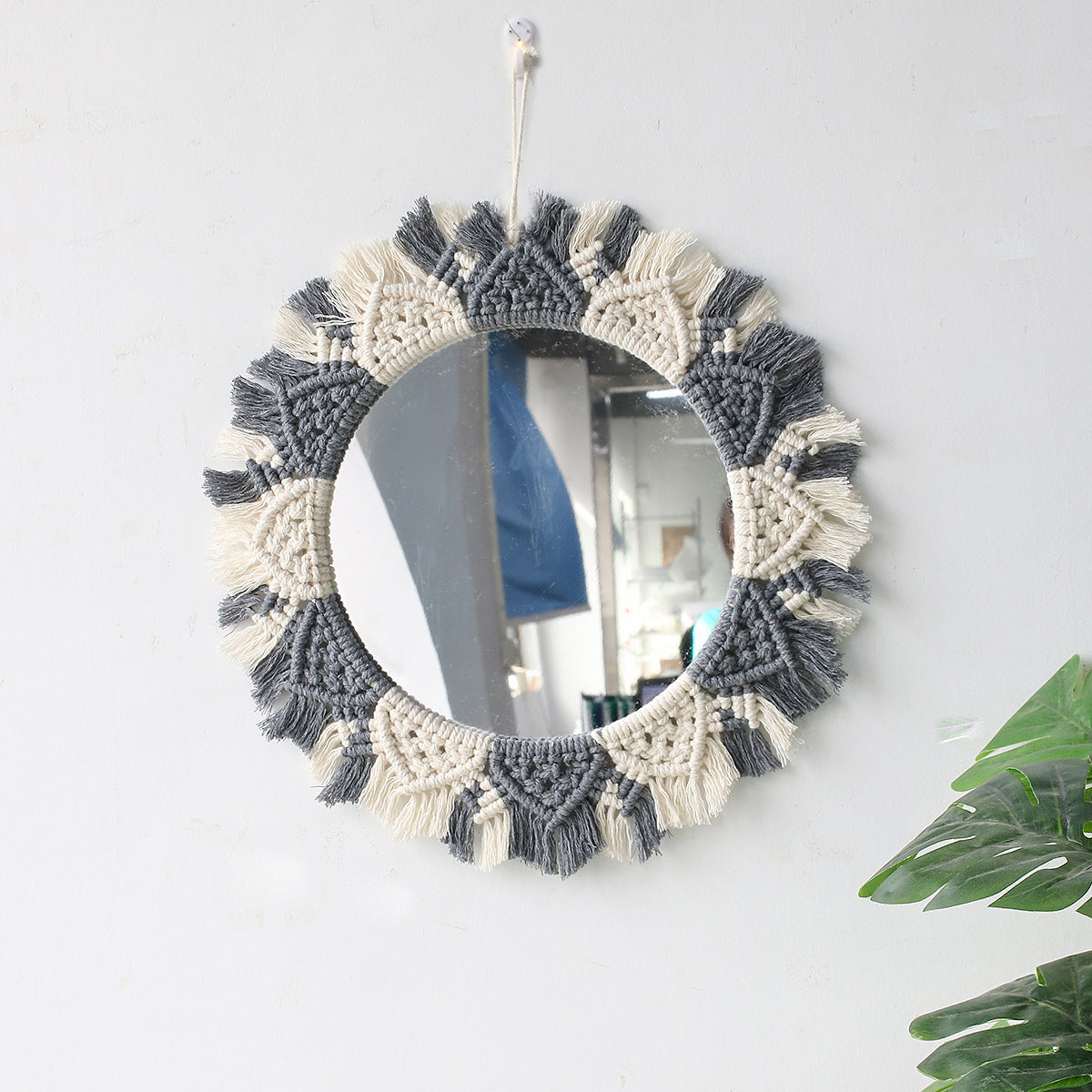 Handwoven Tapestry Wall Mirror – Rustic Boho Decor Accent